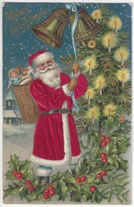 1909 Christmas SANTA CLAUS w/ Silk Robe & Hat - Santa Ringing Bell, Old Postcard - Picture 1 of 2