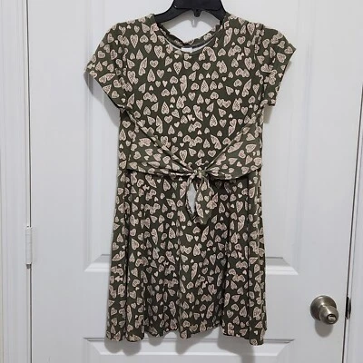 Arizona Girls 14 Olive Green T-shirt Dress Tie Waist Short Sleeve Heart Print - Image 1 of 4