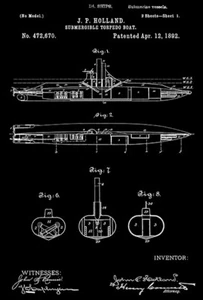 1892 - Barco torpedero sumergible - Submarino - J. P. Holland - Póster de arte de patente - Imagen 1 de 3