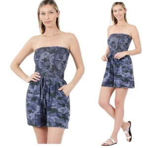 Zenana Women's Blue Camo Strapless Romper With Pockets - Size Medium - Picture 1 of 9