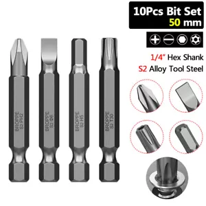 10pcs 50mm Assorted Screwdriver Bit Set Hex Phillips Torx Slotted 1/4" Hex Shank - Picture 1 of 32
