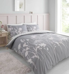 Catherine Lansfield Meadow Floral Duvet Cover King Quilt Bedding Set Grey Pink - Picture 1 of 5