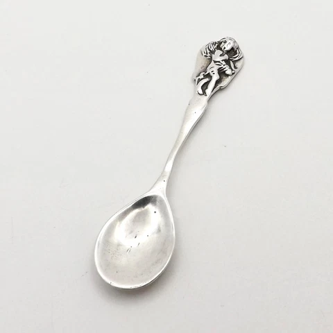 Sterling Silver Small Salt Cellar Spoon Saccharin Cherub Angel Antique Cover