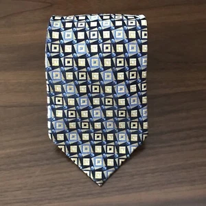 Beau Brummel Soho Mens Neck Tie Blue Gold Geometric Squares Hand Made 100% Silk - Picture 1 of 8