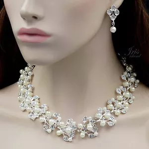 Jewelry Set Pearl Crystal Necklace Earrings Women Wedding Silver Plated 00125 - Picture 1 of 6