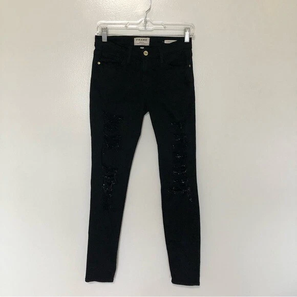 Frame Le Skinny De Jeanne Jeans Black Distressed Film Noir 25 - Image 1 of 4