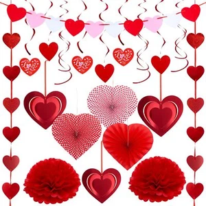 Valentines Day Heart Paper Kit Party Decorations, Red Heart Swirl Hanging Dec... - Picture 1 of 6