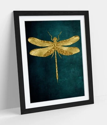 GOLD DRAGONFLY DARK TEAL BACKGROUND FRAMED ART PICTURE POSTER PRINT DECOR - Image 1 of 4