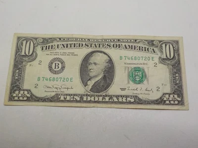 RARE VINTAGE 1990 10$ DOLLAR BILL B74680720E FANCY SERIAL NUMBER, NEW YORK - Image 1 of 4