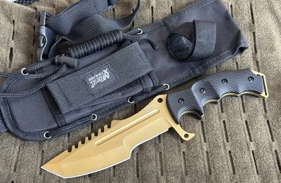 "Cuchillo de hoja fija de 11"" dorado negro 440c 6 mm de grosor mango G10 sierra espiga completa trasera" Foto 1 de 4