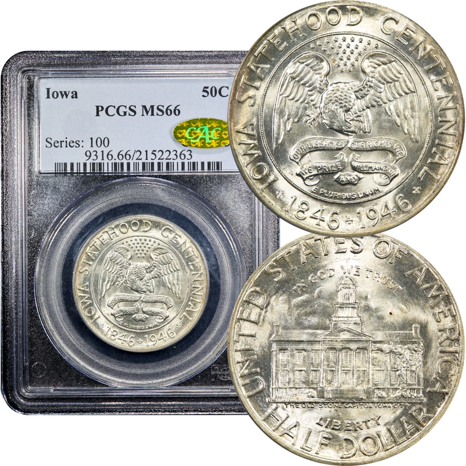 1946 Iowa Commemorative Half 50c PCGS MS66 Gold CAC - Image 1 of 4
