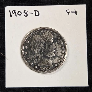 1908-D Barber Silver Quarter F+ - "LIBERTY" Shows Little Wear High Grade - Picture 1 of 3