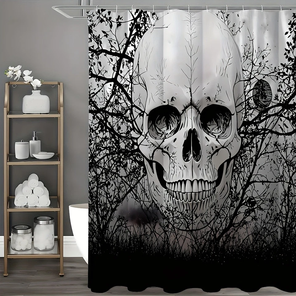 Cortina de chuveiro caveira assustadora cortinas de chuveiro preto árvore assustadora esqueleto gótico - Imagem 1 de 4