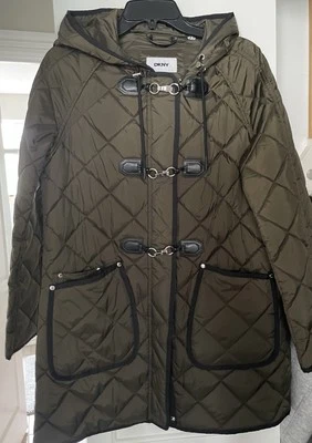 DKNY  NEW Olive Green Quilted Hooded Size M Mid Weight Coat - Image 1 of 4