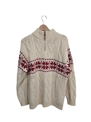 Aran Sweater Market Troyer Merino Wool Cable Knit 1/2 Zip Ivory Men's Large  - Image 1 of 4