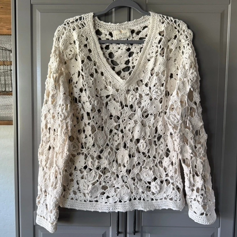 Suéter Express Tricot Tejido a Mano Vintage Años 90 Floral Manga Larga,Crema,M Foto 1 de 4