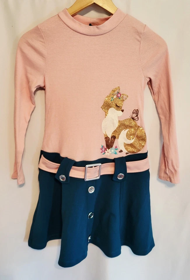 Girls Sz L Pink Turtleneck Dress Belted Glitter Fox 10/12 ☆Holiday Dress☆  - Image 1 of 4