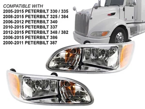 Headlamp for 2000 - 2015 Peterbilt Truck 330 335 340 386 387 Pair with Bulb - Picture 1 of 5