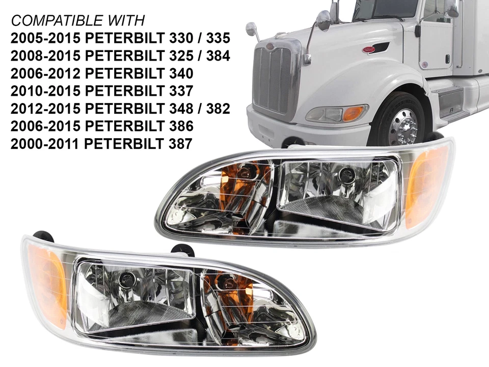 Headlamp for 2000 - 2015 Peterbilt Truck 330 335 340 386 387 Pair with Bulb - Image 1 of 4