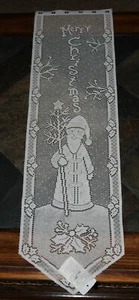 Lace FOLK ART SANTA MERRY CHRISTMAS Holly Bell Pull Wall Hanging - 8" x 30" Ecru - Picture 1 of 2