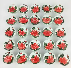 25 Red Flowers Ceramic Knobs White Hand Painted 89G 1987 Floral Handle Lot of 25 - Picture 1 of 14