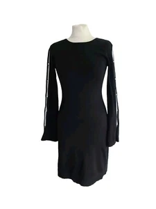 KAREN MILLEN BLACK/WHITE PEARLS & CUT-OUT LONG SLEEVE KNIT BODYCON DRESS-XS/UK 8 - Picture 1 of 16