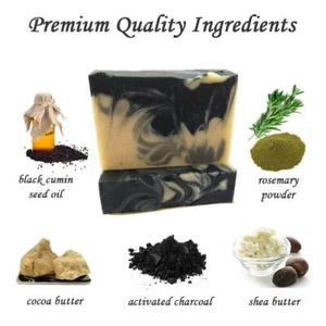  Barra de jabón Act.Carbón, avena, aceite de semilla de comino negro, cacao + mantequillas de karité +.Juego de regalo - Imagen 1 de 11