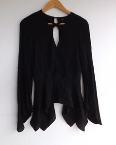 Sheike Top 6 Womens Black Peplum V Neck Open Back Boho Split Sleeve Button - Picture 1 of 11