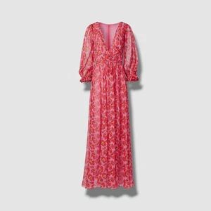 $2690 Carolina Herrera Women's Pink Silk Floral V-Neck Waist-Tie Midi Dress Sz 8 - Picture 1 of 6