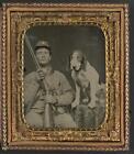 [Unidentified Soldier In Confederate Uniform With Shotgun Sitting Next To Dog]