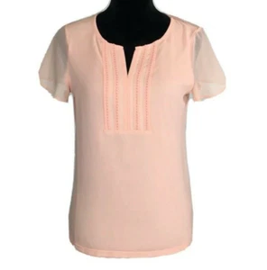 Talbots Top XS Peach Chiffon Short Sl Tee Shirt Embroider VNeck Stretch Pullover - Picture 1 of 8