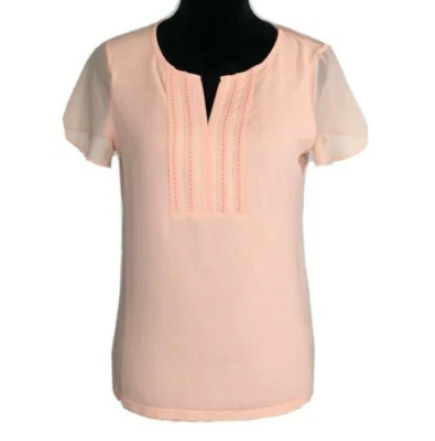 Camiseta Talbots Top XS Melocotón Gasa Corta Sl Bordada Cuello Elastizado Pullover Foto 1 de 4