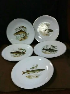 (5) Rare Antique E. Schaller Bavaria Fine Porcelain Gold Trim Fish Plate Set - Picture 1 of 11
