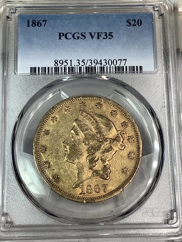 1867 VF-35 PCGS $20 Liberty Double Eagle Gold Coin PQ rarer date very nice Cover