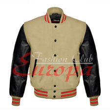 American Varsity Letterman College Jacket Cream Wool with Real Leather Sleeves
