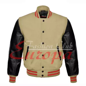 Giacca college American Varsity Letterman lana panna con maniche in vera pelle - Foto 1 di 7