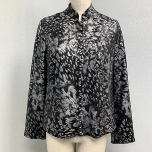 Chico's Black Silver Animal Print Snap Up Jacket Women's 1 Long Sleeve Lined - Picture 1 of 11