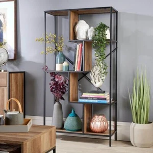 Shelving Display Unit Abstract Living Room Furniture Insustrial Metal Oak Finish - Picture 1 of 7