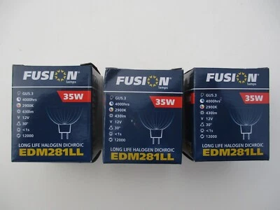 3 x FUSION 35w  HALOGEN DICHROIC LAMPS.  GU5.3  12V  2900K.  EDM 281LL.  NEW - Image 1 of 4