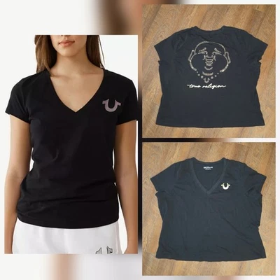 True Religion Womens T Shirt Crystal Script Buddah Logo On Back V-Neck 3X  NWOT - Image 1 of 4
