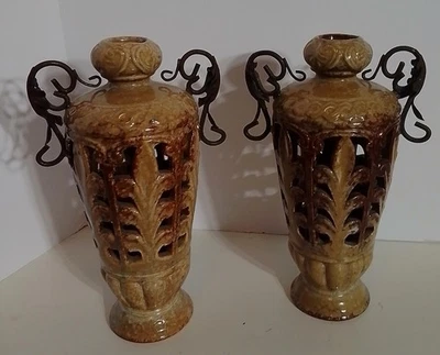 Jarrones Art Esmaltados Cerámica Marrón Mármol Aspecto con Asas de Metal Lote de 2 Foto 1 de 4