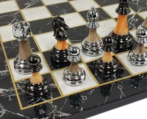 Staunton Chrom & Schwarz Pro Kunststoff Schach Männer Set W 17" Schwarz Kunst Marmor Brett - Bild 1 von 7