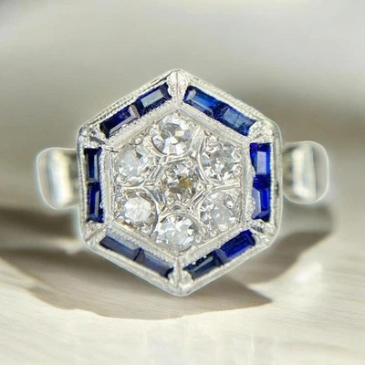 Vintage Art Deco 18k White Gold Round Diamond Sapphire Filigree Ring - Image 1 of 4