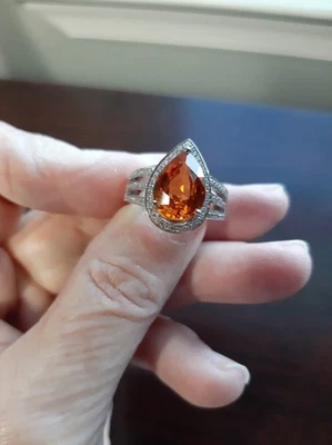 Сертифицированный натуральный спессартит гранат 5,17 карата белое золото 14 карат с бриллиантом 0,31 карата - Изображение 1 из 4