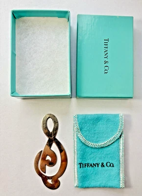 Vintage Tiffany & Co. argento sterling nota musicale chiave acuta segnalibro borsa e scatola - Immagine 1 di 4