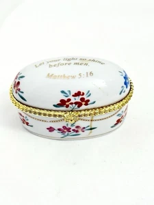 Vintage Floral Porcelain Trinket Hinged Bible Scripture Box 3” - Picture 1 of 11