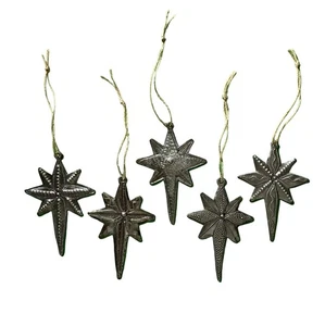 Set of 5 Hand-Tooled Metal Star Ornaments 3"x4" | Handmade Holiday Décor - Picture 1 of 6