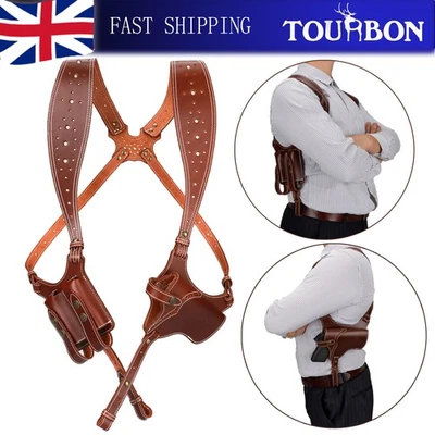 TOURBON Shooting Game Leather Pistol Holster Suspender Double Mag Pouches Gift - Image 1 of 4