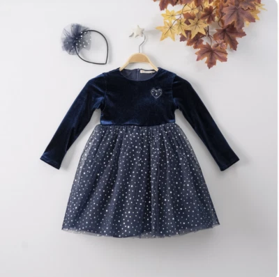 Girls Velvet Dress with Tulle Skirt Navy/Burgundy/Beige and Matching Headband - Image 1 of 3