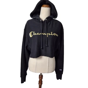 Champion Hoodie Womens Size S Black CROPPED Pullover Jumper Fleece Comfort - Picture 1 of 7
